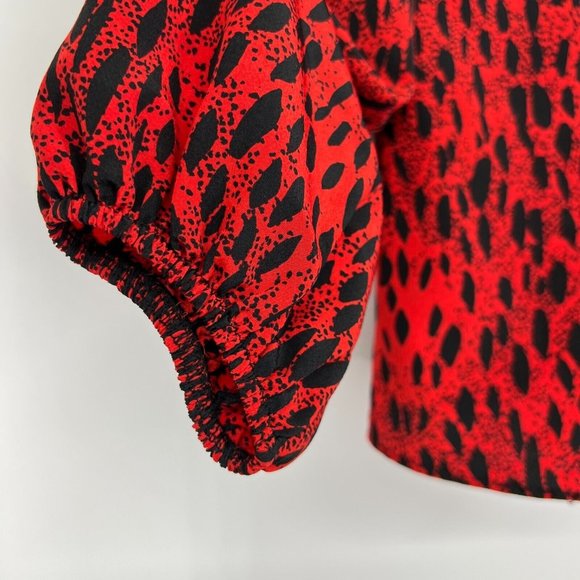 Topshop Blouse Red Black Leopard Print Lace Up Long Sleeve - Picture 5 of 10
